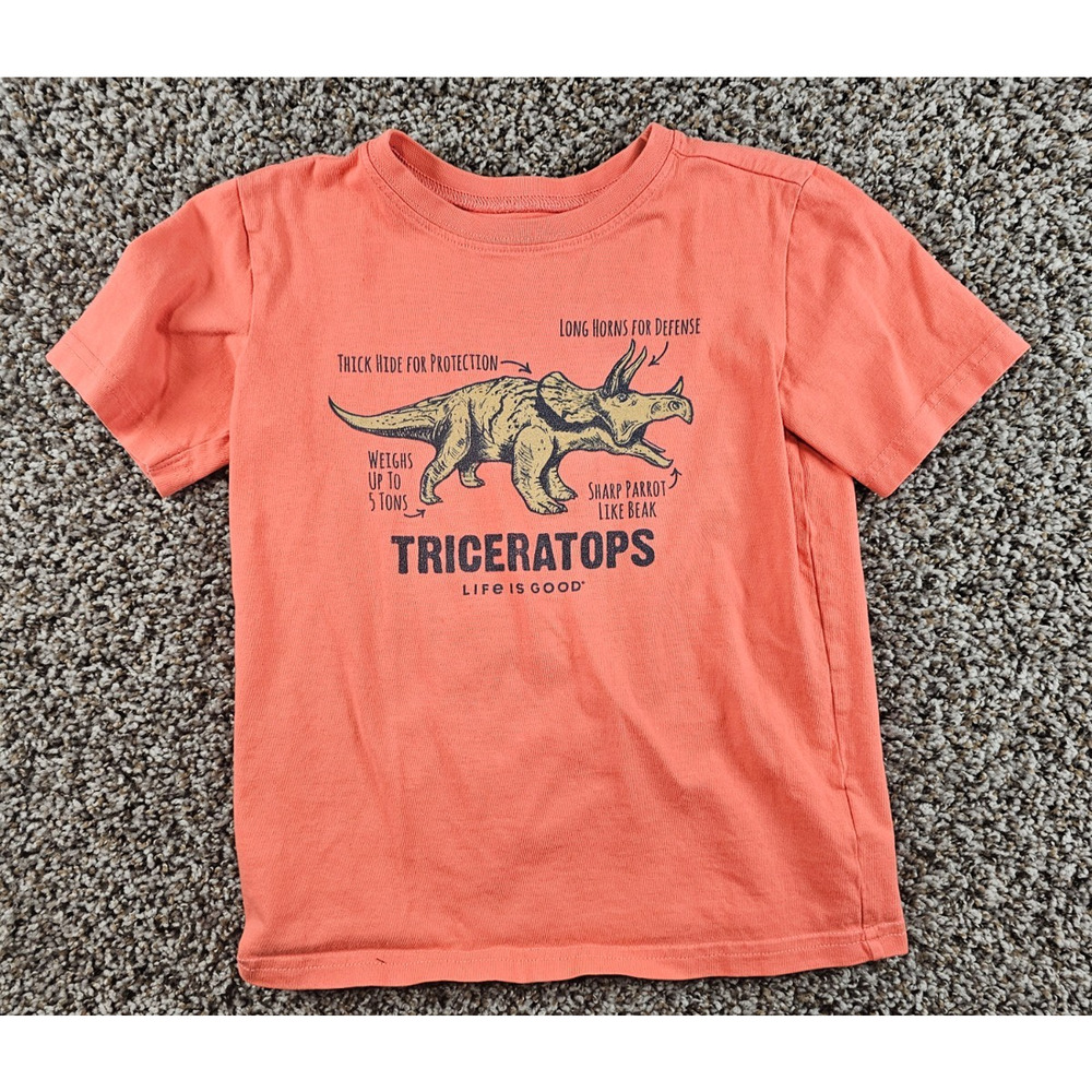 Life is Good Boys Sz S Crusher T Shirt Triceratops Dinosaur Science Orange
